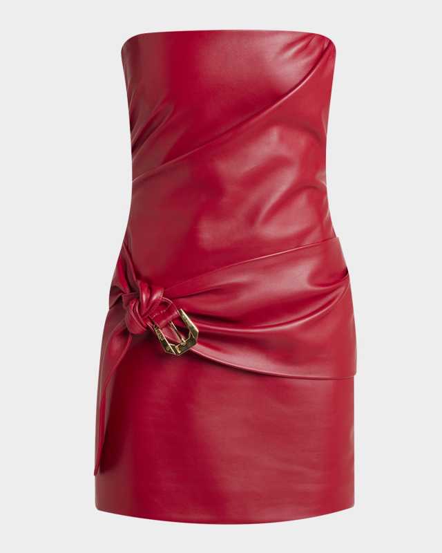 Strapless Buckle-Waist Lamb Leather Mini Dress